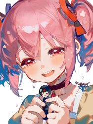 1girl artist_name chest_jewel chinese_commentary choker collarbone commentary_request crying crying_with_eyes_open dress fingerless_gloves fingernails flower frilled_dress frills gem gloves hair_between_eyes hair_ribbon happy happy_tears highres holding holding_toy kaname_madoka magical_girl mahou_shoujo_madoka_magica mahou_shoujo_madoka_magica_(anime) no_eyewear pink_eyes pink_flower pink_gemstone pink_hair puffy_short_sleeves puffy_sleeves red_choker red_ribbon ribbon short_hair short_sleeves simple_background solo tareme teardrop tears toy upper_body white_background yellow-framed_eyewear zhaohua