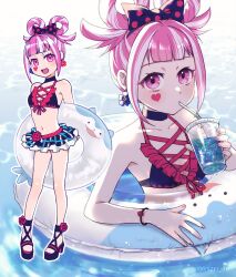 1girl alternate_costume bikini cup drinking_straw facial_mark fire_emblem fire_emblem_engage folded_twintails hair_flaps heart heart_facial_mark high_heels hortensia_(fire_emblem) kszm_fe looking_at_viewer multiple_views nintendo open-toe_shoes pink_eyes pink_hair sommie_(fire_emblem) swimsuit