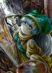 apron bandaid bandaid_on_face bandaid_on_nose blue_hair building canvas_(object) dress easel green_apron green_headscarf haniyasushin_keiki headscarf highres holding holding_paint_palette holding_paintbrush jewelry long_hair magatama magatama_necklace necklace paint_palette paintbrush painting_(action) painting_(object) purple_eyes rooftop swept_bangs tile_roof touhou umaieokakitai water_wheel yellow_dress