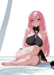 1girl bare_legs barefoot bikini black_bikini black_nails blush breasts feet highres hololive hololive_english holonatsu_paradise legs long_hair looking_at_viewer mori_calliope mori_calliope_(holonatsu_paradise) nail_polish official_alternate_costume pink_hair sansha_art simple_background smile solo swimsuit toenail_polish toenails toes virtual_youtuber white_background