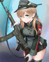 1girl anchor anchor_hair_ornament aqua_eyes assault_rifle black_skirt blonde_hair closed_mouth commentary_request cross em_s gloves gun hair_ornament hat highres iron_cross kantai_collection low_twintails microskirt military military_hat military_uniform peaked_cap prinz_eugen_(kancolle) redrawn rifle skindentation skirt smile solo stg44 thighhighs twintails weapon white_gloves