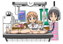 2girls :q a01-isumi1013 android black_eyes black_hair blonde_hair blue_eyes cake child detachable_head dr._slump food hanging_scroll lab_coat long_hair multiple_girls nichijou nude on_table parody poster_(object) professor_shinonome pudding refrigerator robot shinonome_nano short_hair smile style_parody sweatdrop swiss_roll table tongue tongue_out winding_key