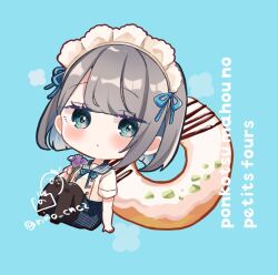 1girl black_pantyhose black_shoes blue_background blue_eyes blue_ribbon blue_sailor_collar blue_skirt blush chibi commentary_request donut flower food full_body grey_hair holding holding_flower maid_headdress neck_ribbon original pantyhose plaid_clothes plaid_skirt purple_flower ribbon rino_cnc romaji_text sailor_collar shirt shoes short_sleeves simple_background sitting skirt solo twitter_username white_shirt