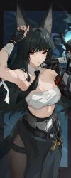 1girl absurdres animal_ears arm_up bandaged_wrist bandages bare_shoulders black_gloves black_necktie black_pantyhose black_skirt breasts chest_sarashi collar collarbone commentary english_commentary fingerless_gloves fox_ears fox_girl gauntlets gloves highres holding holding_sword holding_weapon hoshimi_miyabi kanniiepan katana long_skirt medium_breasts necktie no_shirt over_shoulder pantyhose sarashi scabbard sheath sheathed single_fingerless_glove single_gauntlet skirt solo sword sword_over_shoulder tailless_(zenless_zone_zero) weapon weapon_over_shoulder white_collar zenless_zone_zero