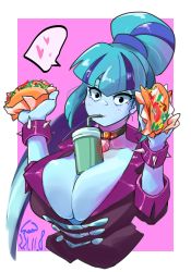 1girl bracelet breasts bubble_tea bubble_tea_challenge cleavage drink drinking_straw drinking_straw_in_mouth food hasbro heart highres huge_breasts jewelry large_breasts looking_at_viewer my_little_pony my_little_pony:_equestria_girls my_little_pony:_friendship_is_magic solo sonata_dusk sozglitch speech_bubble spiked_bracelet spikes spoken_heart taco