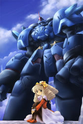 1girl blue_sky bow breasts cloud day dress hair_bow kouno_hikaru long_hair long_sleeves looking_at_viewer machinery maria_balthasar mecha red_dress robot seibzehn sky standing very_long_hair xenogears yellow_bow