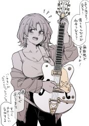 1girl :d acoustic_guitar amplifier bass_guitar blush breasts cleavage collarbone cowboy_shot drumsticks electric_guitar gretsch_white_falcon greyscale guitar highres holding holding_instrument ikemen_joshi_to_josou_danshi instrument jacket jewelry long_sleeves monochrome music musical_note nishikiyuri_koyuki open_clothes open_jacket open_mouth pants playing_instrument short_hair simple_background smile solo tadd_(tatd) white_background