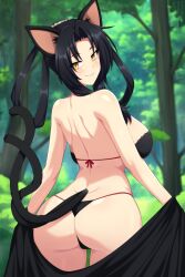 1girl animal_ears ass black_bra black_hair black_panties blurry blurry_background bra breasts cat_ears cat_girl cat_tail forest high_school_dxd highres kuroka_(high_school_dxd) large_breasts lindaroze looking_at_viewer looking_back multiple_tails nature outdoors panties sideboob smile solo tail underwear yellow_eyes