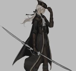 Rule 34 | 1girl, ascot, bloodborne, bonnet, boots, brown dress, cloak, closed eyes, coat, double blade, dress, gloves, hat, hat feather, highres, lady maria of the astral clocktower, long hair, long sleeves, ponytail, poopfart3939, rakuyo (bloodborne), solo, tricorne, white ascot, white background, white hair