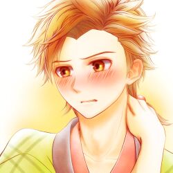 1boy averting_eyes azu_rin_go biting_own_lip blush bokujou_monogatari bokujou_monogatari:_mittsu_no_sato_no_taisetsuna_tomodachi brown_hair collarbone curtained_hair embarrassed furrowed_brow gradient_background green_haori hair_bobbles hair_ornament hand_on_own_neck haori highres hinata_(bokujou_monogatari) japanese_clothes male_focus nose_blush orange_eyes portrait rattail short_hair solo white_background yellow_background