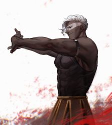 1boy abs ares ares_(hades) armband armored_skirt artist_name bara biceps black_skin colored_skin hades_(series) hades_1 highres large_pectorals male_focus muscular muscular_male o3tofu pectoral_cleavage pectorals red_eyes smirk tank_top white_hair