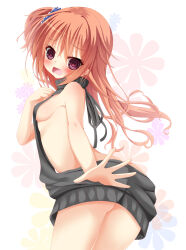 1girl @_@ arched_back ass black_sweater blue_scrunchie blush breasts butt_crack clip_studio_paint_(medium) commentary_request cowboy_shot crossed_bangs embarrassed eyelashes eyes_visible_through_hair fang floral_background from_behind furrowed_brow hair_between_eyes hair_ornament hair_scrunchie head_tilt highres inaba_meguru long_hair looking_at_viewer naked_sweater nekono open_hand open_mouth orange_hair red_eyes sanoba_witch scrunchie shiny_skin side_ponytail sideboob simple_background small_breasts solo standing sweat sweatdrop sweater teeth thighs upper_teeth_only virgin_killer_sweater wavy_hair wavy_mouth white_background