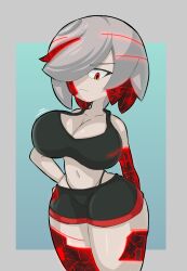 Rule 34 | 1girl, aqua background, black shorts, black sports bra, blue background, border, breasts, cleavage, closed mouth, collarbone, glitch, gradient background, grey border, grey hair, hair over one eye, hand on own hip, large breasts, midriff, multicolored hair, navel, oppai loli, red eyes, red hair, sage (sonic), short hair, shorts, solo, sonic (series), sonic frontiers, sports bra, streaked hair, thick thighs, thighs, yelladrill
