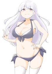 1girl akara_kai bikini black_bikini breasts cowboy_shot highres kantai_collection kirov_(kancolle) large_breasts long_hair looking_at_viewer multicolored_bikini pink_eyes pink_hair solo swimsuit thighhighs two-tone_bikini white_background white_thighhighs