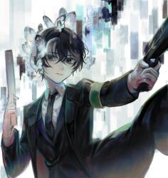 1boy absurdres black_butterfly black_hair black_necktie black_suit bug butterfly butterfly_hair_ornament collared_shirt double-parted_bangs dual_wielding e.g.o_(project_moon) formal_clothes gun hair_between_eyes hair_ornament highres holding holding_gun holding_weapon huanxue insect leg_lift limbus_company lobotomy_corporation_(identity)_(project_moon) looking_at_viewer male_focus necktie project_moon shirt solemn_lament_(e.g.o) solo suit too_many too_many_butterflies weapon white_butterfly white_shirt yi_sang_(project_moon)