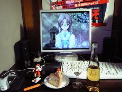 2d_dating alcohol cake computer cross_channel food computer_keyboard lonely meal miyasumi_misato pastry photo_(medium) wine