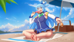 1girl absurdres aqua_(konosuba) barefoot beach blue_eyes blue_hair feet food highres kono_subarashii_sekai_ni_shukufuku_wo! long_hair looking_at_viewer open_mouth parasol popsicle r9z soles toes umbrella