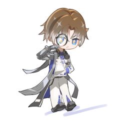 Rule 34 | 1boy, :o, blue eyes, blue shirt, brown hair, chinese commentary, coat, commentary request, highres, holding, holding magnifying glass, huqu (huqu45712), id card, magnifying glass, male focus, mechanical arms, mechanical hands, pants, parted bangs, shirt, simple background, single mechanical arm, single mechanical hand, solo, star (symbol), star in eye, symbol in eye, white background, white coat, white pants, wuthering waves, xiangli yao (wuthering waves)