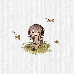 1boy autumn_leaves backpack bag black_eyes brown_hair brown_sweater chibi commentary_request earmuffs falling_leaves grey_background highres hitchhiker_a_(randal&#039;s_friends) leaf male_focus randal&#039;s_friends shieriru short_hair sitting solo sweater wind