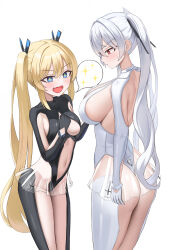 2girls :d adapted_costume armpit_cutout ass back black_bodysuit black_gloves blonde_hair blue_eyes blush bodysuit breast_awe breasts cinderella_(nikke) cinderella_(nikke)_(cosplay) cleavage closed_mouth clothing_cutout commentary_request cosplay covered_collarbone fang frown gloves goddess_of_victory:_nikke hair_between_eyes highres kitin laplace_(nikke) large_breasts leg_cutout long_hair looking_at_another looking_at_breasts medium_breasts multiple_girls navel open_mouth red_eyes see-through_clothes see-through_skirt sideboob sidelocks simple_background skin_fang skirt smile sparkling_eyes spoken_sparkle standing stomach_cutout sweat twintails very_long_hair white_background white_bodysuit white_gloves white_hair