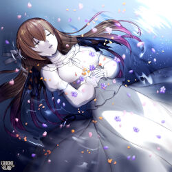 1girl afloat braid brown_hair closed_eyes colored_skin copyright_name crying dress falling_petals feet_out_of_frame flower flower_on_liquid frilled_sleeves frills hair_between_eyes hair_ribbon half_up_braid interlocked_fingers juliet_sleeves kerberos_blade long_dress long_hair long_sleeves neck_ribbon night own_hands_together parted_lips petals petals_on_liquid puffy_sleeves purple_flower ribbon ripples shichimi single_tear solo tears water white_dress white_ribbon white_skin