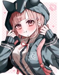 Rule 34 | 1girl, blush, breasts, brown hair, closed mouth, danganronpa (series), danganronpa 2: goodbye despair, dress shirt, galaga, green jacket, hair ornament, highres, jacket, large breasts, long sleeves, medium hair, nanami chiaki, neck ribbon, open clothes, open jacket, pink bag, pink eyes, pout, red ribbon, ribbon, shirt, solo, two-tone shirt, white shirt, yuyu (yuuyudayo1211)