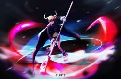 1girl black_coat blonde_hair boots coat commentary english_commentary full_body gloves highres holding holding_scythe long_coat looking_at_viewer lv5plant maka_albarn red_skirt scythe skirt soul_eater twintails wind