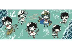 1girl anchor black_hair blue_background blush chain clam_shell confetti cup dancing drink green_eyes hat highres hishaku holding holding_cup mitsusame mug multiple_views murasa_minamitsu musical_note open_mouth pom_pom_(cheerleading) sailor sailor_collar sailor_hat shirt short_hair short_sleeves shorts smile solo touhou