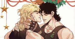 2boys bare_shoulders black_hair blonde_hair christmas christmas_tree dio_brando eyelashes closed_eyes fingerless_gloves gloves hands_in_hair jojo_no_kimyou_na_bouken jonathan_joestar long_hair male_focus mullet multiple_boys phantom_blood red_eyes spadelake