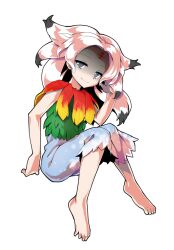 Rule 34 | 1girl, alphes (style), barefoot, black hair, blue eyes, blue skirt, capelet, closed mouth, colored tips, commentary request, dairi, facial mark, feather capelet, feathers, flat chest, forehead, forehead mark, fossilized wonders, full body, gradient feathers, green leaf, hand up, houjuu chimi, leaf clothing, leaf shirt, long hair, looking at viewer, multicolored hair, parody, red feathers, shaded face, shirt, simple background, skirt, sleeveless, sleeveless shirt, smile, solo, style parody, tachi-e, touhou, transparent background, white hair, yellow feathers