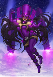 1girl armor arms_up bare_shoulders black_hair blue_clouds boots breasts butter_knife cloud curvy dark-skinned_female dark_skin detached_collar dress drooling elbow_gloves elsevilla fantastic_four floating_hair fork fur_trim galacta giant giantess gloves heart helmet highres holding holding_fork holding_knife knife long_hair marvel marvel_rivals medium_breasts multicolored_helmet purple_armor purple_boots purple_dress purple_eyes purple_gloves purple_helmet saliva saliva_trail solo space square_pupils star_(sky) strapless strapless_dress thigh_boots thighhighs tongue tube_dress very_long_hair wide_hips zettai_ryouiki