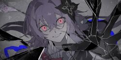 1girl 960y against_fourth_wall against_glass black_gloves crack cracked_glass earrings evernight_(honkai:_star_rail) flower glass gloves hair_between_eyes hair_flower hair_ornament highres honkai:_star_rail honkai_(series) jewelry long_hair looking_at_viewer march_7th_(honkai:_star_rail) parted_lips pink_eyes pink_hair reaching reaching_towards_viewer red_flower single_earring smile solo