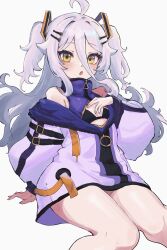 1girl ahoge black_bra blush bra breasts cleavage_cutout clothing_cutout dress grey_hair hair_between_eyes hair_ornament henya_the_genius henya_the_genius_(1st_costume) highres jacket long_hair partially_unzipped purple_dress purple_jacket sleeveless sleeveless_dress small_breasts solo two_side_up underwear virtual_youtuber vshojo y_uunaa yellow_eyes