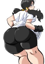 Rule 34 | 1girl, absurdres, ass, black gloves, blue eyes, charge sol, dragon ball, from behind, gloves, highres, huge ass, looking back, shirt, thighs, twintails, videl, white shirt
