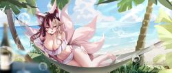Rule 34 | 1girl, absurdres, ahoge, animal ear fluff, animal ears, armpits, bare legs, bare shoulders, barefoot, beach, bikini, bikini skirt, blurry, breasts, brown hair, cleavage, collarbone, commission, day, depth of field, fang, fox ears, fox girl, fox tail, frilled bikini, frills, hair between eyes, hammock, highleg, highleg bikini, highres, huge breasts, kitsune, long hair, looking at viewer, multicolored hair, multiple tails, navel, off-shoulder bikini, off shoulder, open mouth, original, outdoors, palm tree, pink bikini, pink hair, red eyes, shant 07, smile, solo, stomach, streaked hair, string bikini, swimsuit, tail, thighs, tree, two-tone hair, very long hair, white bikini