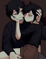 Rule 34 | 1boy, 1girl, andrew graves, ashley graves, black hair, black shirt, brother and sister, brown shorts, green eyes, hand on another&#039;s face, hand on another&#039;s head, hand on another&#039;s thigh, looking at another, medium hair, minominoks, pink eyes, ponytail, puckered lips, shirt, shirt tucked in, short hair, shorts, siblings, sitting, sitting on lap, sitting on person, smile, the coffin of andy and leyley