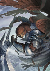 1boy armor beak bird_boy breastplate commentary_request dynamic_pose elden_ring elden_ring_nightreign falling_feathers feathers furry furry_male gauntlets guardian_(elden_ring) hatiue_(hachi) holding holding_polearm holding_weapon looking_at_viewer male_focus orange_eyes pauldrons polearm shoulder_armor solo weapon wind wings