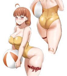 Rule 34 | 1girl, ahoge, ass, ball, beachball, braid, breasts, cleavage, commentary request, cowboy shot, head out of frame, highres, kiru (bsesso), large breasts, looking at viewer, love live!, love live! sunshine!!, multiple views, one-piece swimsuit, orange eyes, orange hair, red eyes, short hair, side braid, simple background, single braid, strapless, strapless one-piece swimsuit, swimsuit, takami chika, thigh strap, white background, yellow swimsuit
