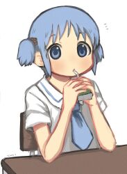 1girl artist_name blue_eyes blue_hair blue_necktie collared_shirt commentary_request cube_hair_ornament drinking_straw elbow_rest hair_ornament highres juice_box looking_at_viewer naganohara_mio naganoharamiomio necktie nichijou notice_lines one-hour_drawing_challenge school_uniform shirt short_hair short_sleeves short_twintails simple_background sitting solo summer_uniform tokisadame_school_uniform twintails upper_body white_background white_shirt