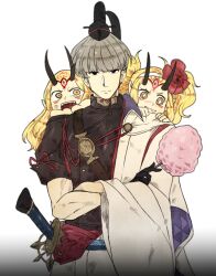 +_+ 1boy 2girls anger_vein black_eyes black_horns blonde_hair bowl_cut commentary_request cotton_candy crossed_arms drooling dual_persona fate/grand_order fate_(series) food forehead_tattoo grey_hair hairband holding holding_cotton_candy holding_food horns ibaraki_douji_(fate) ibaraki_douji_(swimsuit_lancer)_(fate) ibaraki_douji_(swimsuit_lancer)_(second_ascension)_(fate) japanese_clothes korean_commentary long_hair multiple_girls open_mouth pointy_ears sheath sheathed smile sword twintails uni_(unnny) watanabe_no_tsuna_(fate) weapon white_hairband yellow_eyes