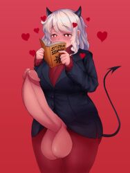 1futa black_dress blush breasts clothes_lift demon demon_girl demon_horns dress erection foreskin futanari heart heart-shaped_pupils helltaker horns huge_penis large_breasts large_testicles minishell modeus_(helltaker) penis red_eyes skirt skirt_lift solo symbol-shaped_pupils testicles white_hair