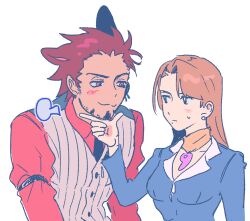 1boy 1girl ace_attorney blush catuoon couple diego_armando earrings facial_hair godot_(ace_attorney) jewelry long_hair magatama mia_fey red_eyes red_hair smile