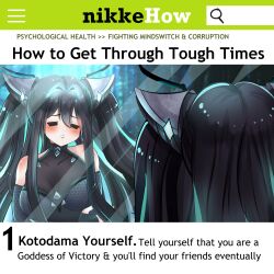 1girl aqua_hair bare_shoulders black_bodysuit black_hair blush bodysuit breasts chokilicious cleavage closed_eyes collarbone commentary english_commentary english_text goddess_of_victory:_nikke hair_intakes halterneck highres large_breasts little_mermaid_(nikke) long_hair looking_at_mirror meme mirror multicolored_hair parody parted_lips twintails upper_body wikihow