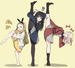 ! !! &gt;_&lt; +++ 3girls :d ^_^ absurdres arms_up barefoot black_dress black_hair black_pantyhose black_ribbon black_socks blonde_hair blue_jacket breasts brown_hair clenched_teeth closed_eyes commentary dress failure green_eyes hair_ribbon hand_on_own_leg highres hood hoodie inoue_takina jacket kurumi_(lycoris_recoil) large_breasts long_hair long_hoodie long_sidelocks lycoris_recoil lycoris_uniform multiple_girls neck_ribbon nishikigi_chisato no_shoes one_side_up open_mouth pantyhose panyatteria pleated_dress red_dress red_jacket red_ribbon ribbon shadow short_dress sidelocks simple_background smile socks split standing standing_on_one_leg standing_split teeth v white_hoodie yellow_background