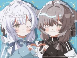 2girls ;) ;3 ahoge animal_ear_fluff animal_ears apron black_bow black_jacket black_ribbon blue_background blue_bow blue_jacket blue_ribbon blush blush_stickers border bow brown_eyes brown_hair cat_ears cat_girl closed_mouth dot_nose frilled_apron frills grey_eyes grey_hair hair_between_eyes hair_bow hair_intakes hair_ornament hair_over_shoulder hair_ribbon hairclip halftone hand_up heart heart_hands heart_hands_duo highres jacket long_hair long_sleeves looking_at_viewer low_twintails mafuyu_(vrchat) maid maid_apron maid_headdress multiple_girls off_shoulder one_eye_closed ribbon sidelocks signature simple_background sleeves_past_wrists smile sparkle tochisa_(tochisa513) track_jacket track_suit turtleneck turtleneck_jacket twintails twitter_username unconventional_maid upper_body vrchat white_apron white_border white_hair white_headdress zipper