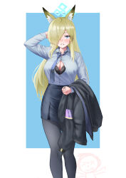 1girl 1other absurdres animal_ear_fluff animal_ears armband black_bra blonde_hair blue_archive blue_eyes blue_necktie blue_shirt blush bra breasts cleavage dog_ears doodle_sensei_(blue_archive) erorange extra_ears hair_over_one_eye halo highres jacket kanna_(blue_archive) large_breasts long_hair necktie open_clothes open_shirt police police_uniform policewoman sensei_(blue_archive) sharp_teeth shirt solo teeth tongue tongue_out underwear unworn_jacket