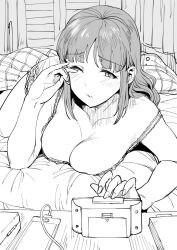 1girl akizuki_ritsuko alarm_clock antenna_hair bare_shoulders bed bedroom blush breasts cellphone cleavage clock closed_mouth collarbone commentary_request curtains greyscale half-closed_eye highres idolmaster idolmaster_(classic) indoors long_hair lying monochrome on_bed on_stomach one_eye_closed pajamas phone smartphone solo tsurui waking_up