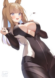 1girl almond_eye_(umamusume) alternate_costume animal_ears artist_name black_bodysuit black_nails blue_eyes blue_hair blush bodysuit breasts bursting_breasts chahanramen cleavage colored_inner_hair commentary_request cross-shaped_pupils fingernails highres horse_ears horse_girl horse_tail large_breasts long_hair multicolored_hair nail_polish open_mouth popped_zipper simple_background solo symbol-shaped_pupils tail teeth umamusume upper_teeth_only white_background x-shaped_pupils zipper_pull_tab