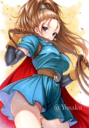 1girl aqua_tunic barbara_(dq6) belt black_sleeves breasts brown_gloves cape commentary_request cowboy_shot detached_sleeves dragon_quest dragon_quest_vi earrings floating_clothes floating_hair gloves hair_pulled_back hair_tubes high_ponytail highres holding holding_weapon holding_whip jewelry large_breasts looking_to_the_side metal_hair_tubes no_panties open_mouth orange_hair ponytail purple_eyes red_cape solo sphere_earrings tunic upskirt weapon white_background yellow_background yosaku_vs_hina
