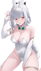 1girl :o animal_ears arm_between_legs bare_shoulders between_legs black_bow bow bowtie breasts bridal_gauntlets character_request cleavage collar collarbone colored_eyelashes crossed_bangs detached_collar fake_animal_ears gold_trim green_bow green_bowtie groin hair_between_eyes hair_bow hair_rings hand_between_legs hand_up highleg highleg_leotard jewelry large_breasts leotard long_hair looking_at_viewer maplestory mea_(hwaksal) multicolored_hair open_mouth rabbit_ears rabbit_pose red_eyes sidelocks simple_background sitting skindentation solo strapless strapless_leotard streaked_hair thighlet very_long_hair wariza white_background white_bridal_gauntlets white_collar white_eyelashes white_hair white_leotard